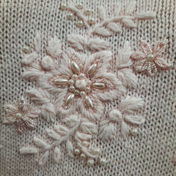 Vintage 80s Pastel Pink Sweater Beaded Floral Short Sleeve Cotton Ramie Size M - Picture 3 of 8